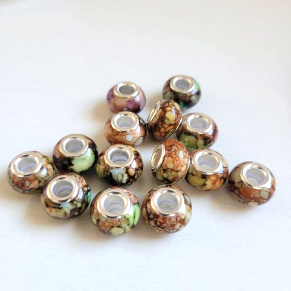 NWT 16 Watercolor Large Hole European Charm Beads Jewelry Making Bracelets Brown